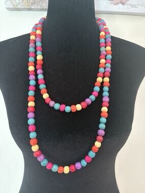 Colorful Small Wooden Bead Necklace 58 Inches Long